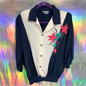 Bonnie Blair navy blue and white vintage floral top